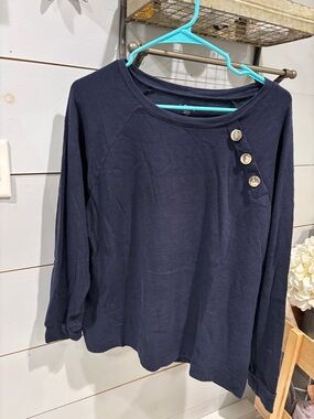 LOFT Navy Long Sleeve Top with Accent Buttons